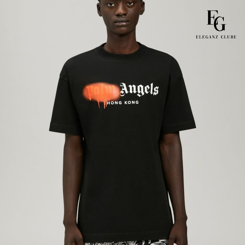 Camiseta Manga Curta Palm Angels Preta - HONG KONG SPRAYED BLACK ORANGE